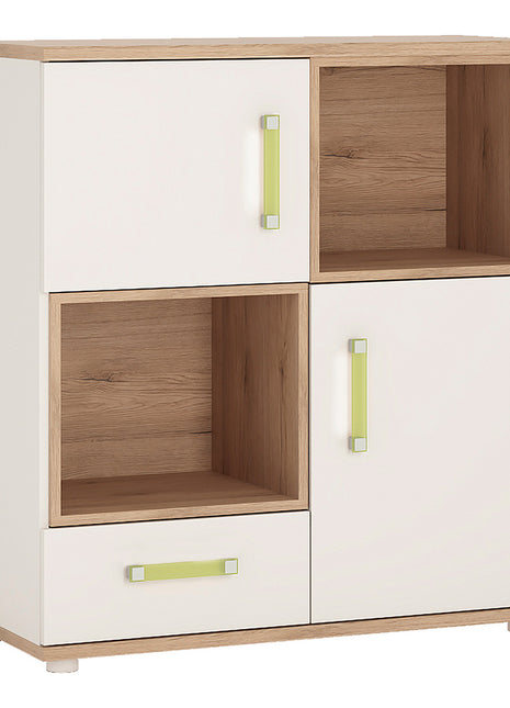 4KIDS 2 Door 1 Drawer Cupboard with 2 Open Shelves with Lemon Handles