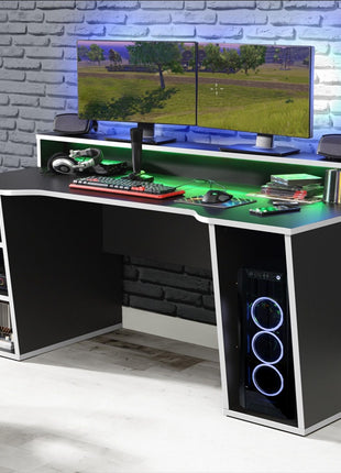 Tezaur Black Gaming Desk with White Trim and Colour Changing LED