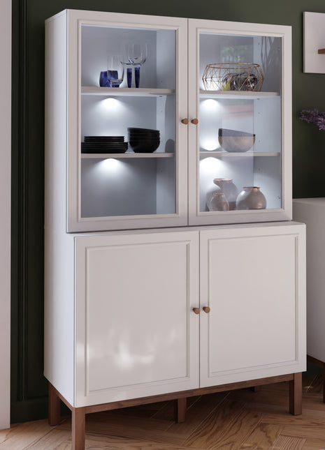 Wensley Display Cabinet with 2 Doors and 2 Glass Doors in Light Grey and Oak inc LED Lighting