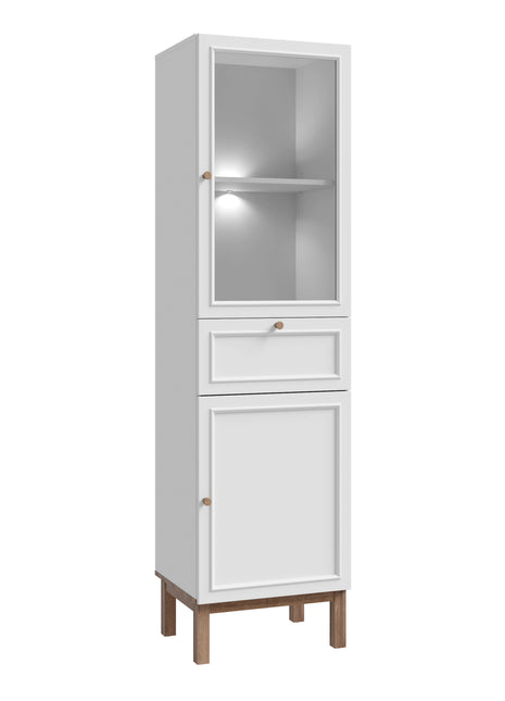 Wensley Display Cabinet with 1 Door 1 Drawer and  1 Glass Door in Light Grey and Oak inc LED Lighting