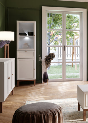 Wensley Display Cabinet with 1 Door 1 Drawer and  1 Glass Door in Light Grey and Oak
