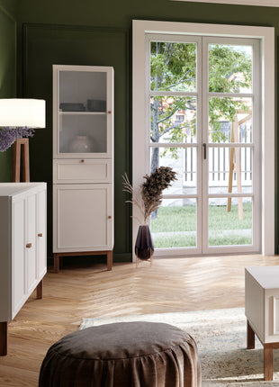 Wensley Display Cabinet with 1 Door 1 Drawer and  1 Glass Door in Light Grey and Oak