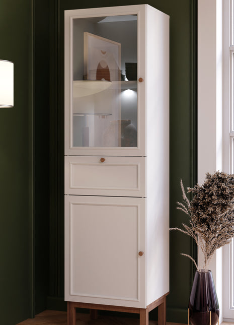 Wensley Display Cabinet with 1 Door 1 Drawer and  1 Glass Door in Light Grey and Oak inc LED Lighting