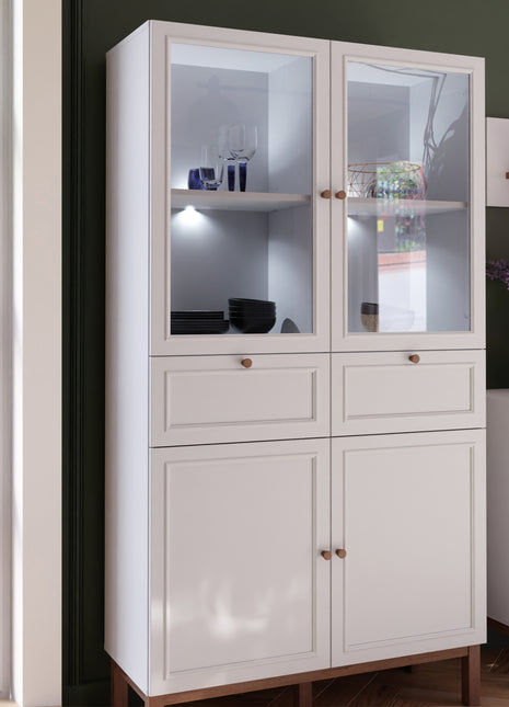 Wensley Display Cabinet with 2 Doors 2 Drawers and 2 Glass Doors in Light Grey and Oak inc LED Lighting