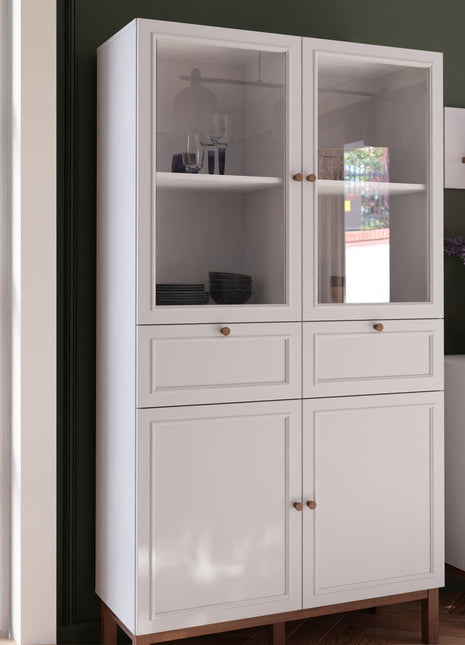 Wensley Display Cabinet with 2 Doors 2 Drawers and 2 Glass Doors in Light Grey and Oak