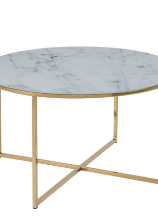 Alisma Round Coffee Table with White Marble Effect Glass Top & Gold Legs