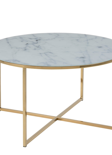 Alisma Round Coffee Table with White Marble Effect Glass Top & Gold Legs