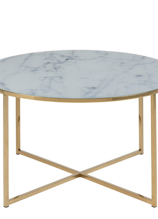 Alisma Round Coffee Table with White Marble Effect Glass Top & Gold Legs
