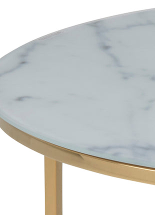 Alisma Round Coffee Table with White Marble Effect Glass Top & Gold Legs