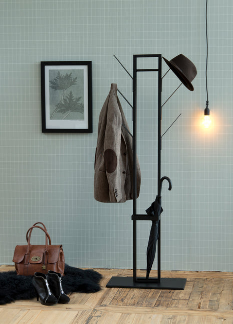 Vinson coat hanger, frame and base matt black powder coated steel, 56x28x165 cm