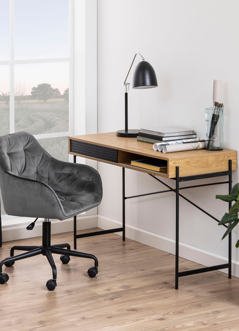 Angus Office Desk with Sliding Door in Oak & Black