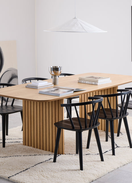 Christo Dining Table in Oak 220x75cm including 6 Lima Dining Chairs with Armrest in Black