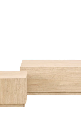 Dice Square and Rectangular Coffee Table Set of 2 in Travertine Rough Paper Effect