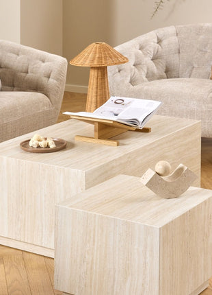 Dice Square and Rectangular Coffee Table Set of 2 in Travertine Rough Paper Effect