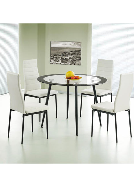 Acodia Dining Table Clear Glass & Black Including 4 Matching Acodia PU Chairs with White PU & Black Frame (4s)