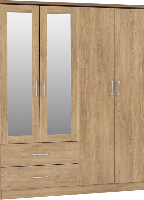 Charles 4 Door 2 Drawer Mirrored Wardrobe - Oak Effect Veneer with Walnut Trim