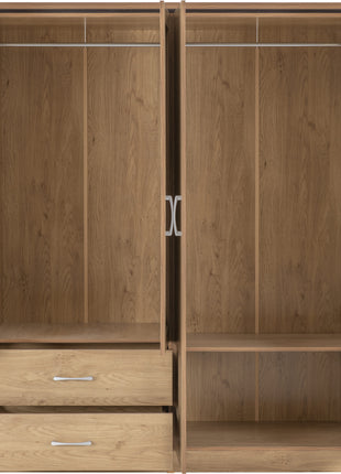 Charles 4 Door 2 Drawer Mirrored Wardrobe - Oak Effect Veneer with Walnut Trim