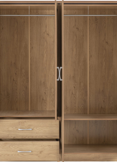 Charles 4 Door 2 Drawer Mirrored Wardrobe - Oak Effect Veneer with Walnut Trim