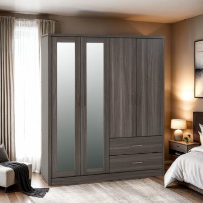 Lisbon 4 Door Mirrored Wardrobe - Black Wood Grain