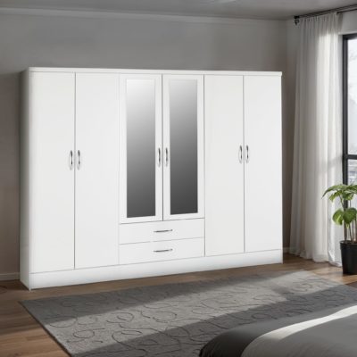 Nevada 6 Door 2 Drawer Mirrored Wardrobe  White Gloss