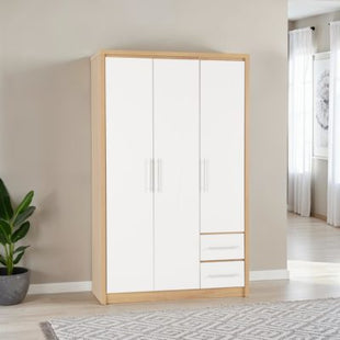 Seville 3 Door 2 Drawer Wardrobe - White High Gloss/Light Oak Effect Veneer