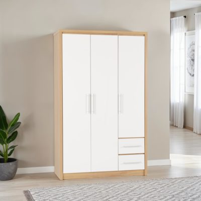 Seville 3 Door 2 Drawer Wardrobe - White High Gloss/Light Oak Effect Veneer
