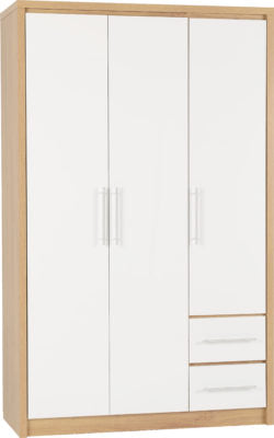 Seville 3 Door 2 Drawer Wardrobe - White High Gloss/Light Oak Effect Veneer