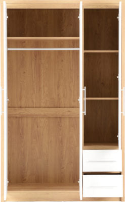Seville 3 Door 2 Drawer Wardrobe - White High Gloss/Light Oak Effect Veneer